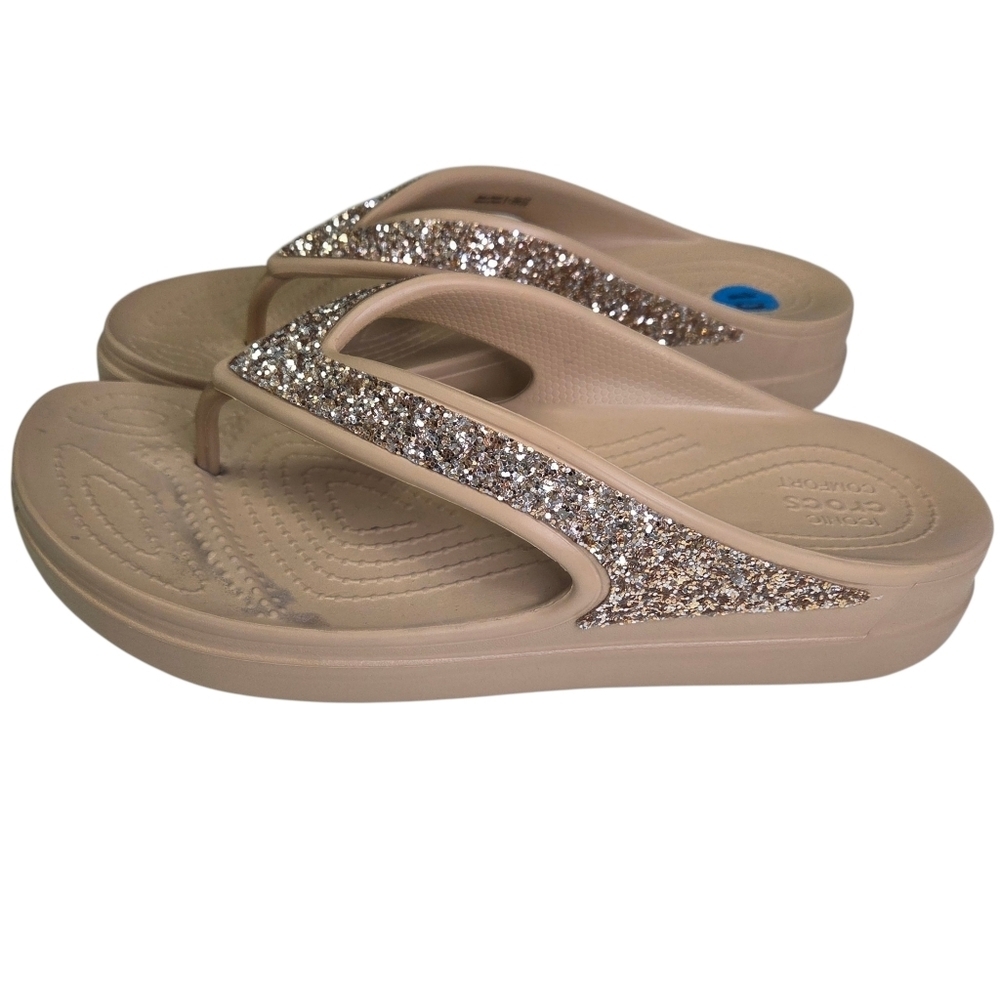 Crocs Sloane Glitter Women's Embellished Wedge Flip Flop Sandal Gold Size 10